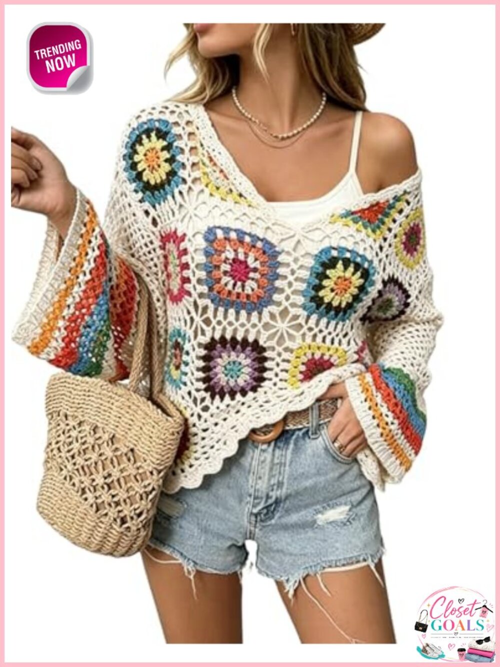 Crochet Floral Coverup Boho Knit Beach Swim Top Long Sleeve